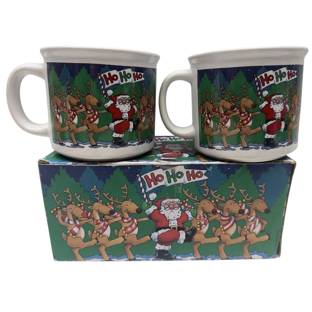 Vintage Ho Ho Ho Santa Ceramic Cocoa Mugs Set Of 2 /w Box